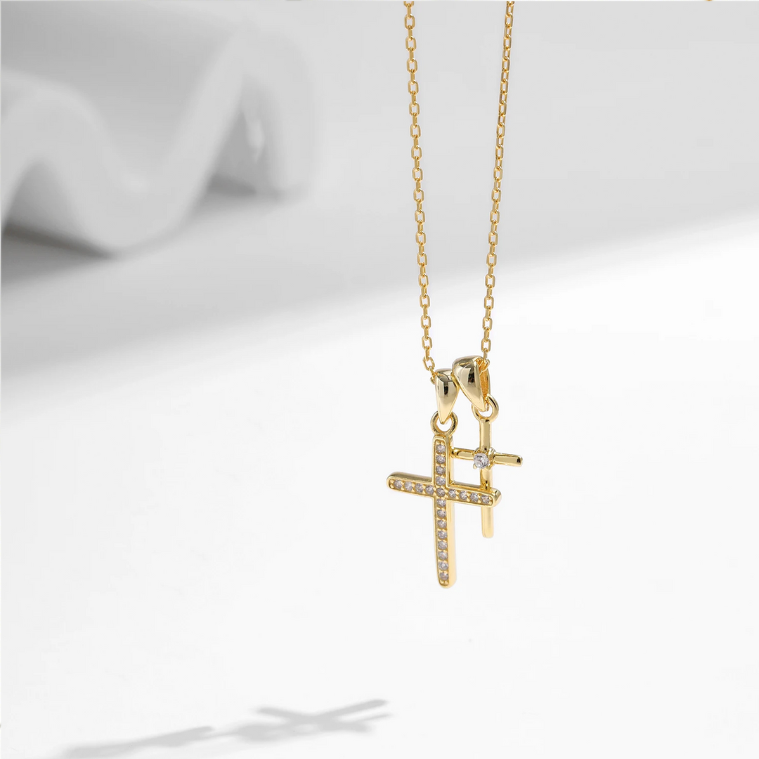 Dual Cross Zircon Pendant Clavicle Necklace for Women