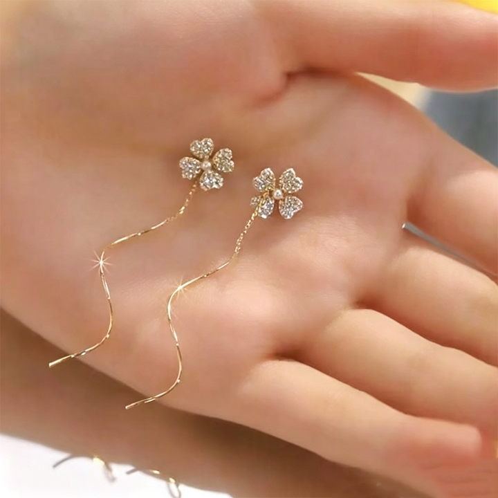 Four-Leaf Clover and Zirconia Flower Threaded Earrings