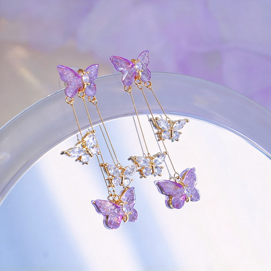 Forest Style Purple Butterfly Dangle Earrings