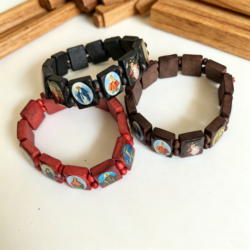 Religious Saint Medals Wooden Bezel Bracelet