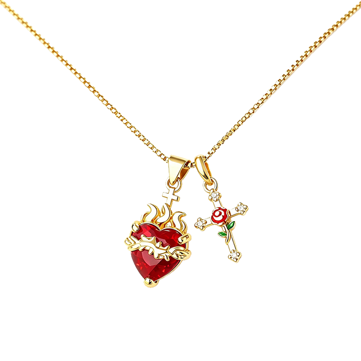 Sacred Heart Rose Cross Multi Charm Necklace