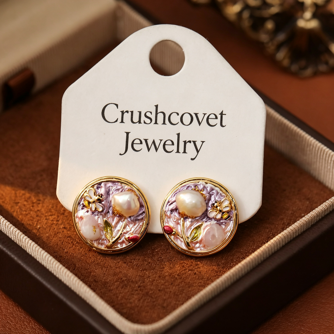 Violet Garden Pearl Stud Earrings
