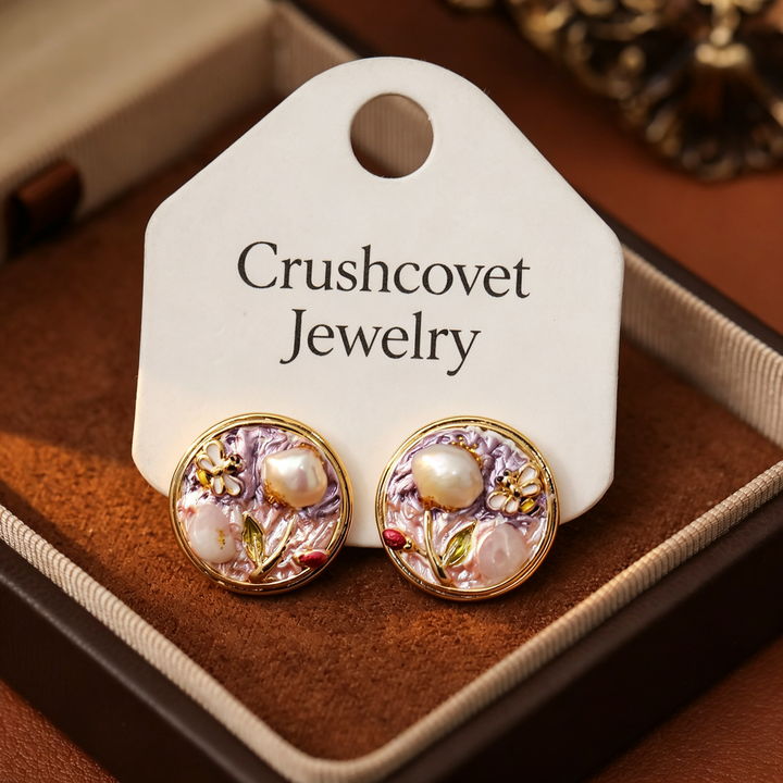 Violet Garden Pearl Stud Earrings