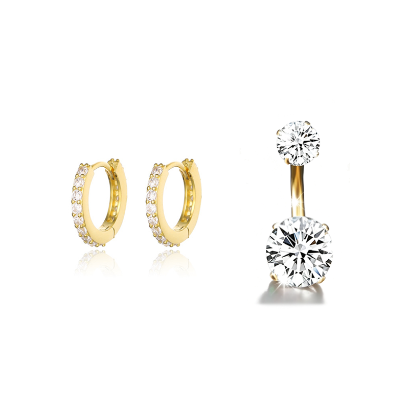 Paved Zircon Huggie Hoop Earrings Double Gem Belly Button Piercing Jewelry Set