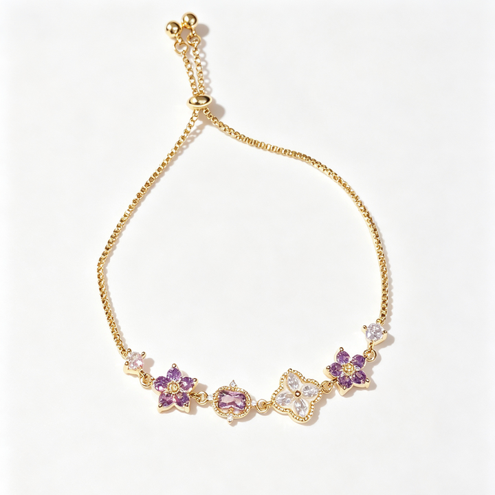 Purple Floral Slide Adjustable Bracelet Daily Stack