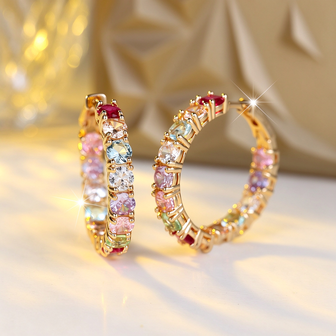 Rainbow Zirconia Sparkle Hoop Earrings