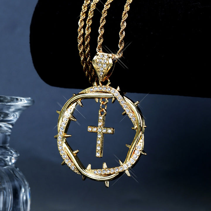 Gold Thorn Cross Pendant Necklace Chain