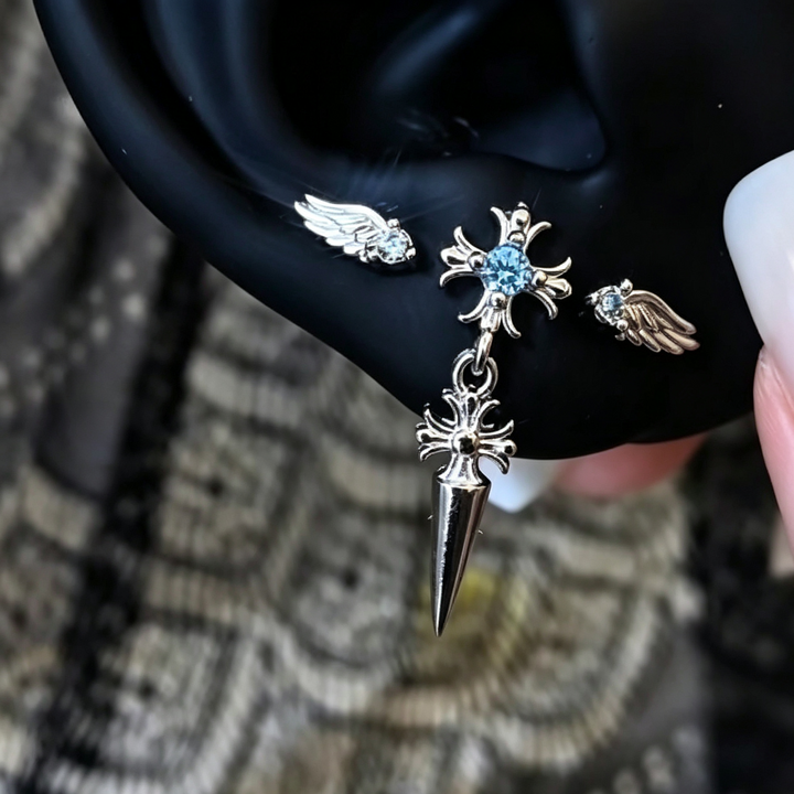 Silver Wing Cross Cone Ear Jewelry