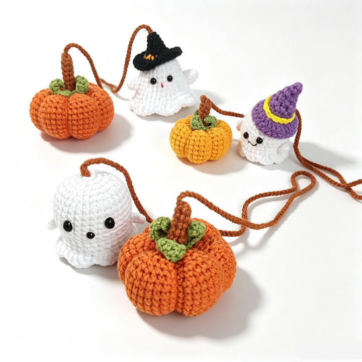 Crochet Ghost Pumpkin Car Rearview Hanging Ornament