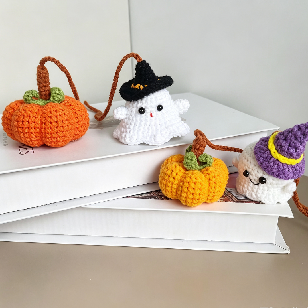 Crochet Ghost Pumpkin Car Rearview Hanging Ornament