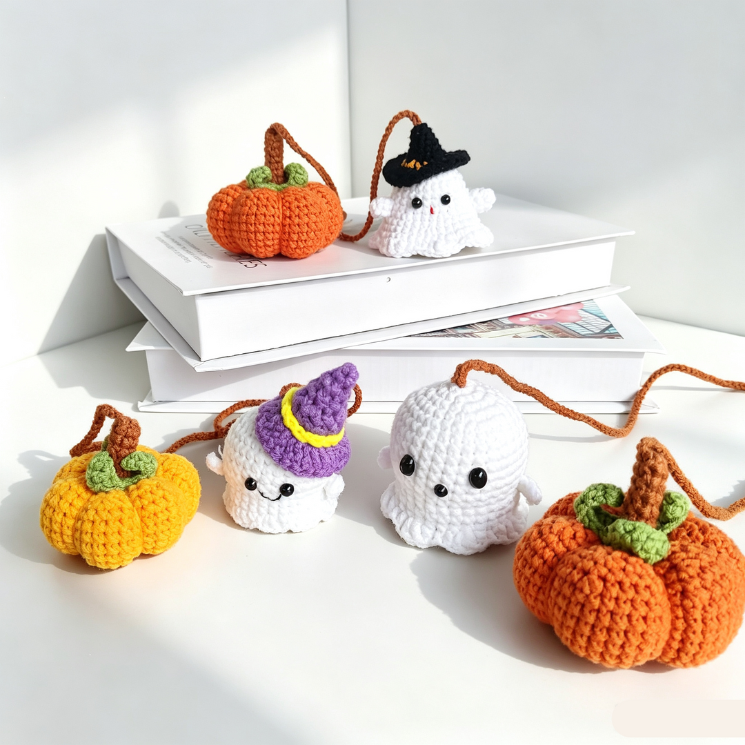 Crochet Ghost Pumpkin Car Rearview Hanging Ornament