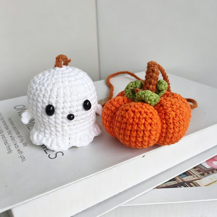Crochet Ghost Pumpkin Car Rearview Hanging Ornament