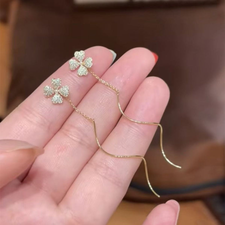 Four-Leaf Clover and Zirconia Flower Threaded Earrings