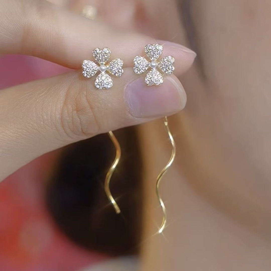 Four-Leaf Clover and Zirconia Flower Threaded Earrings