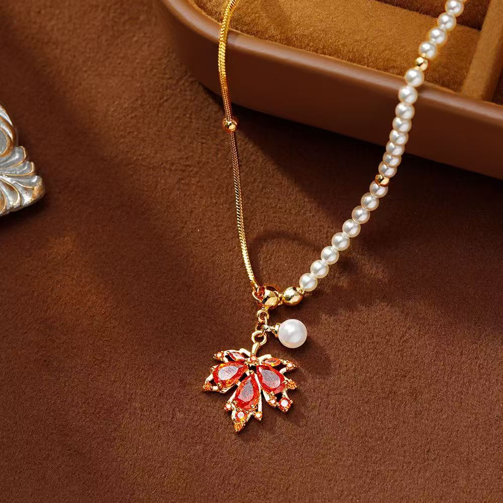 Ruby Maple Leaf Pearl Necklace