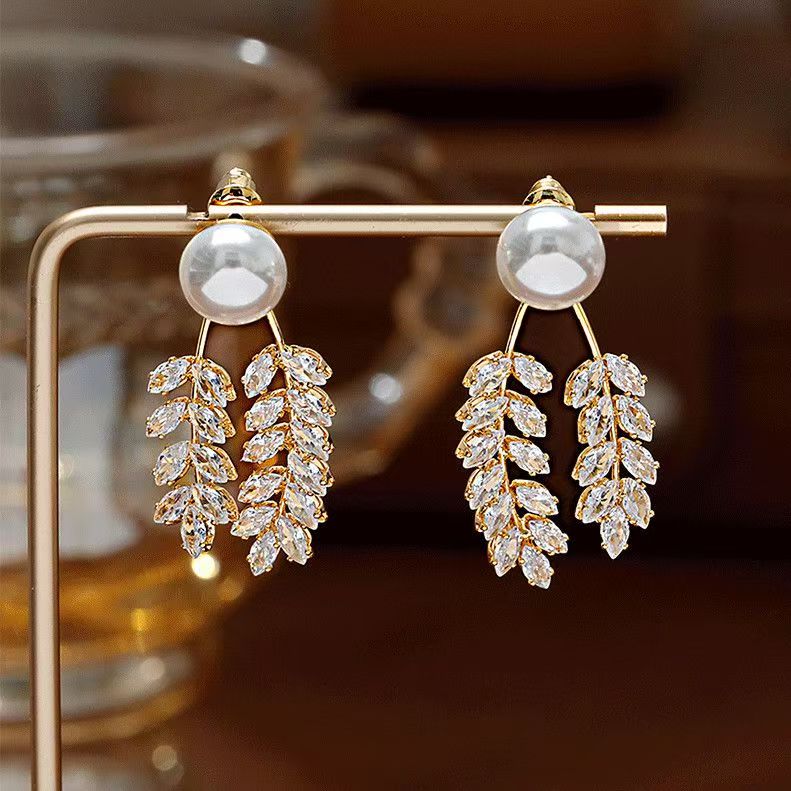 Pearl Wheat Leaf Drop Earrings