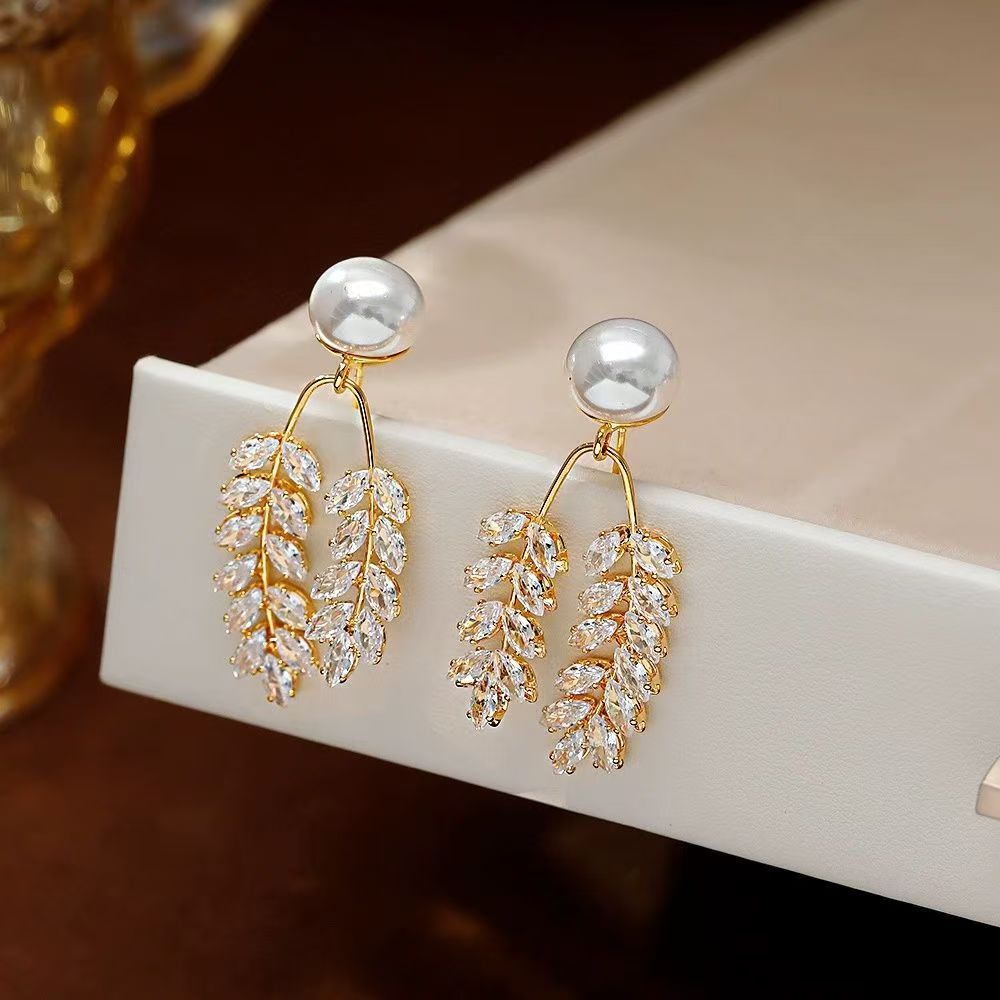 Pearl Wheat Leaf Drop Earrings