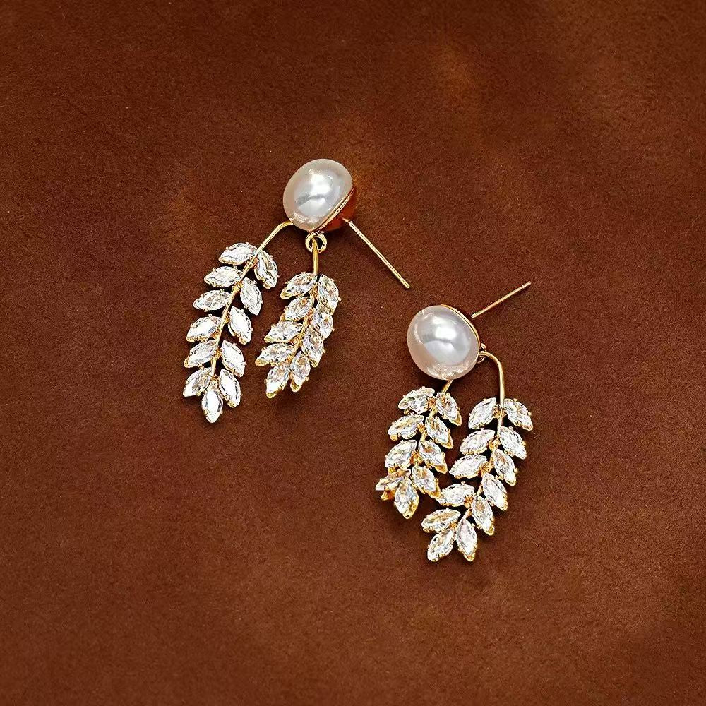 Pearl Wheat Leaf Drop Earrings