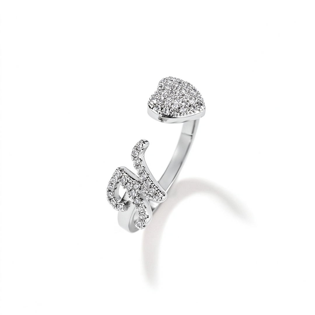 Initial Letter Heart Zircon Adjustable Open Ring