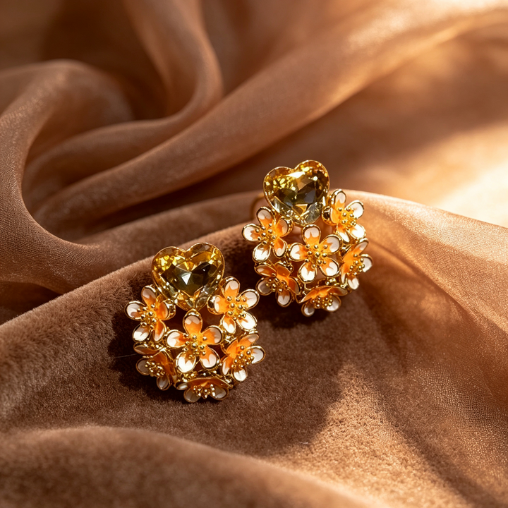 Heart Zircon Enamel Flower Stud Earrings