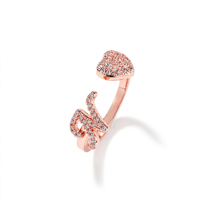 Initial Letter Heart Zircon Adjustable Open Ring