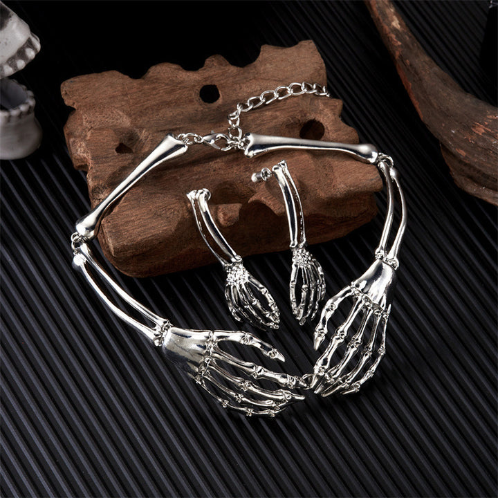 Halloween Dark Skeleton Hand Necklace Earrings Set