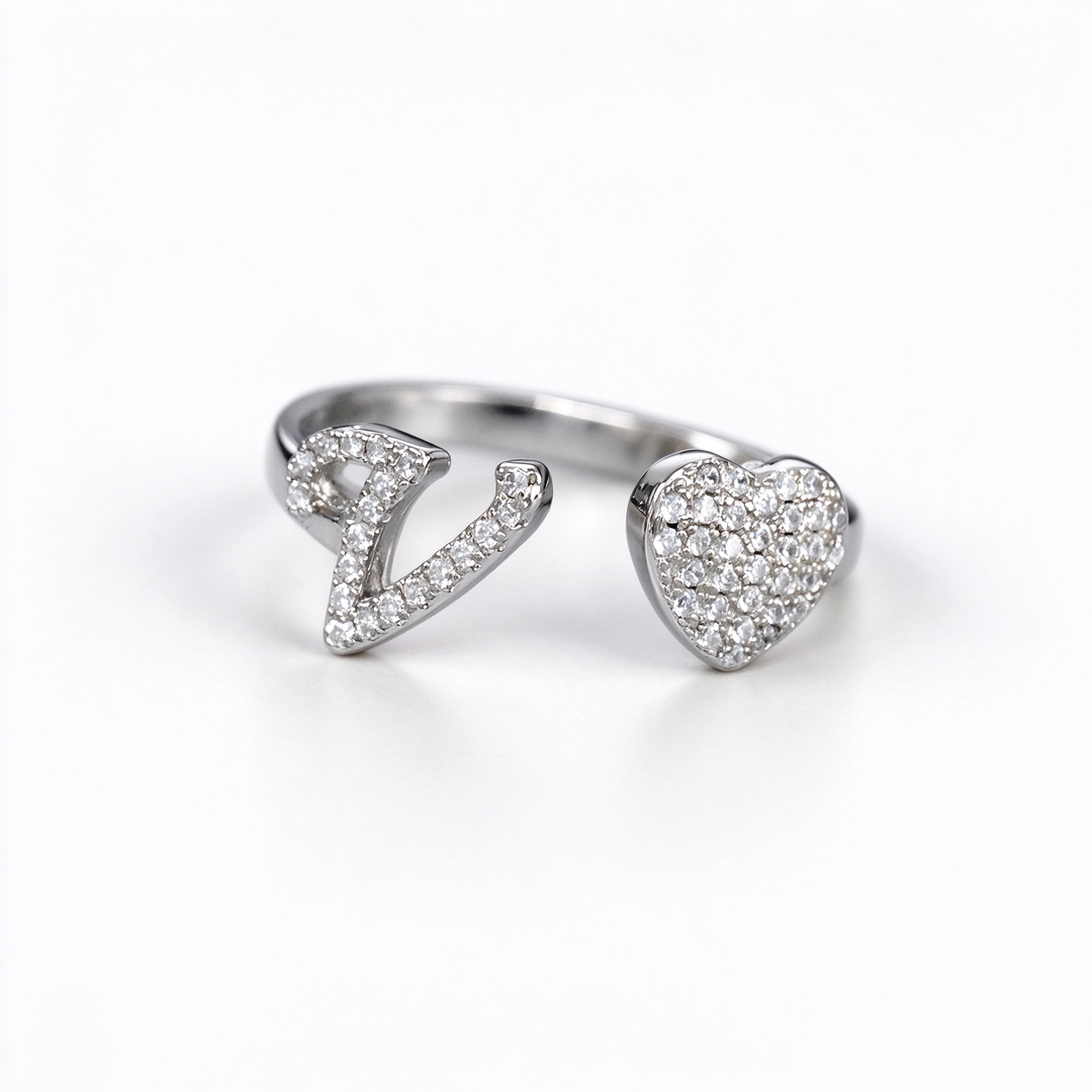 Initial Letter Heart Zircon Adjustable Open Ring