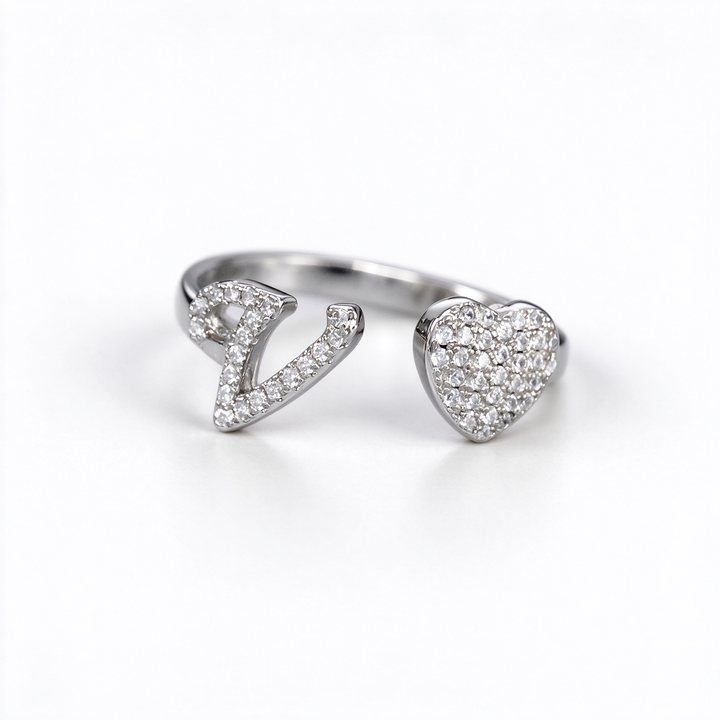 Initial Letter Heart Zircon Adjustable Open Ring