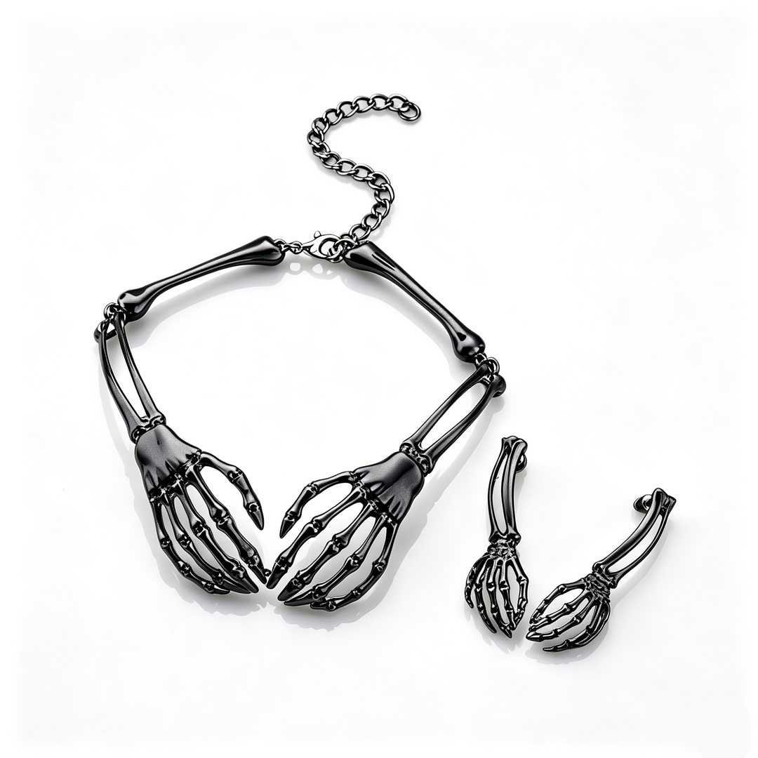 Halloween Dark Skeleton Hand Necklace Earrings Set