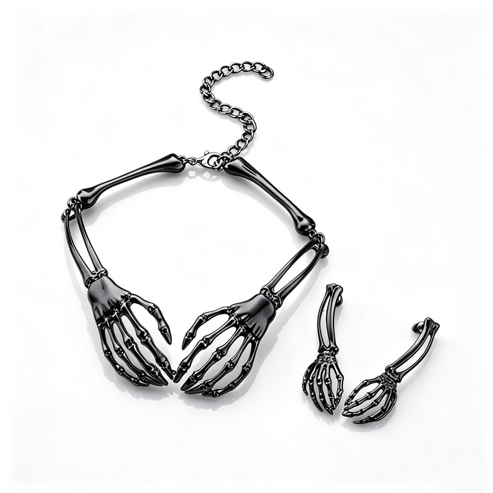 Halloween Dark Skeleton Hand Necklace Earrings Set
