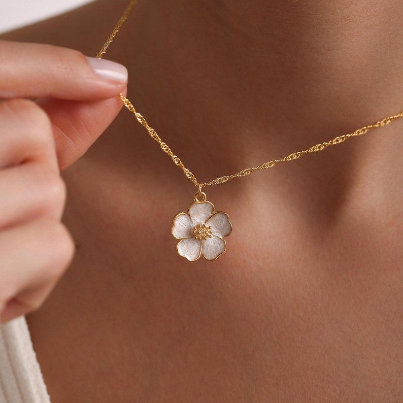 Enamel Flower Pendant Gold Chain Necklace