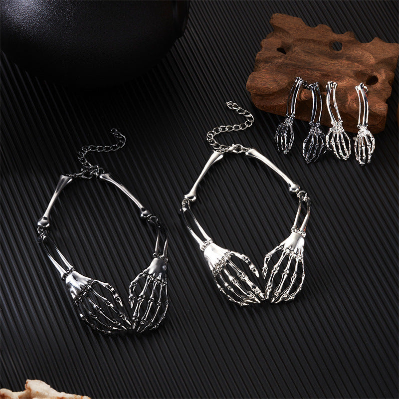 Halloween Dark Skeleton Hand Necklace Earrings Set