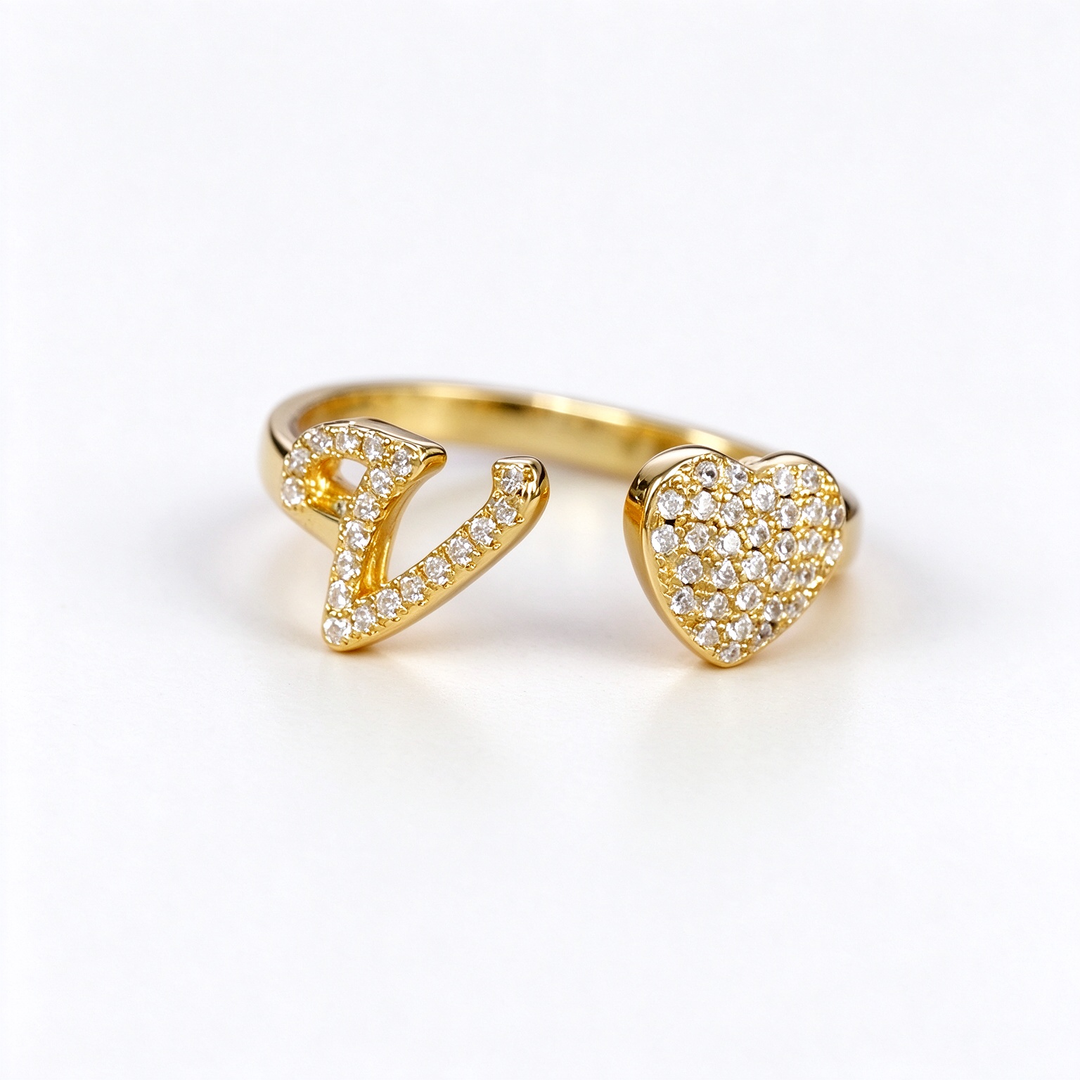 Initial Letter Heart Zircon Adjustable Open Ring