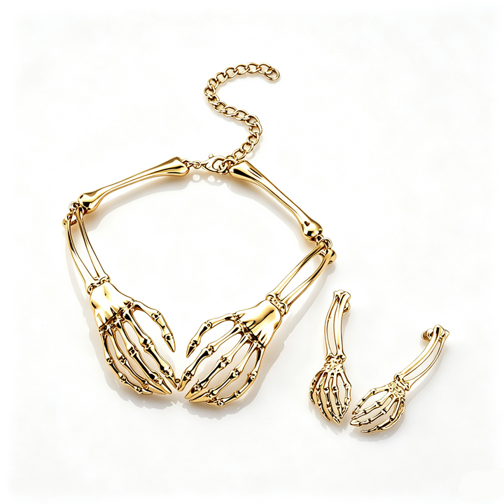 Halloween Dark Skeleton Hand Necklace Earrings Set