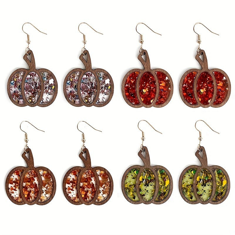 Halloween Wooden Glitter Pumpkin Earrings