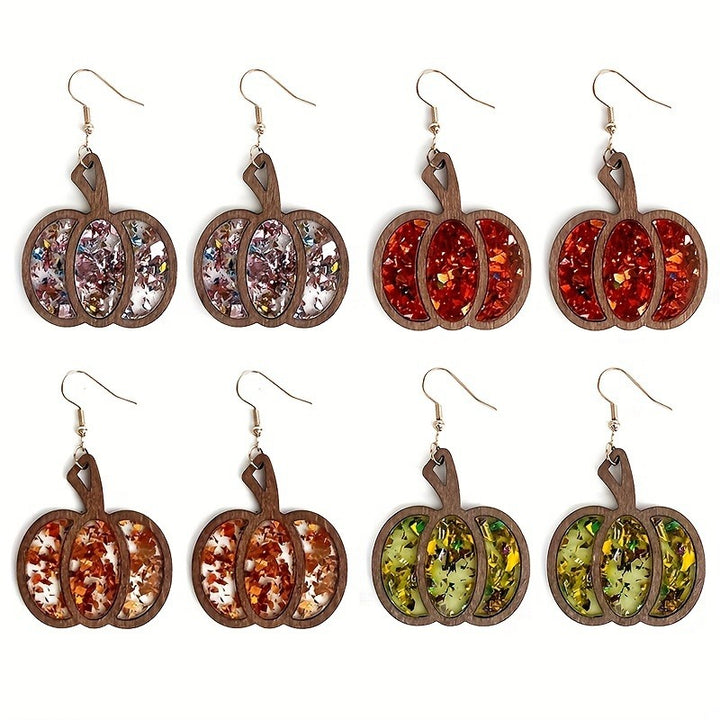 Halloween Wooden Glitter Pumpkin Earrings