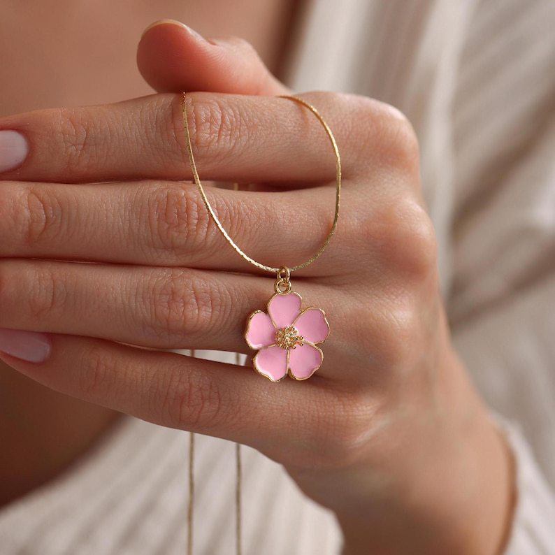 Enamel Flower Pendant Gold Chain Necklace
