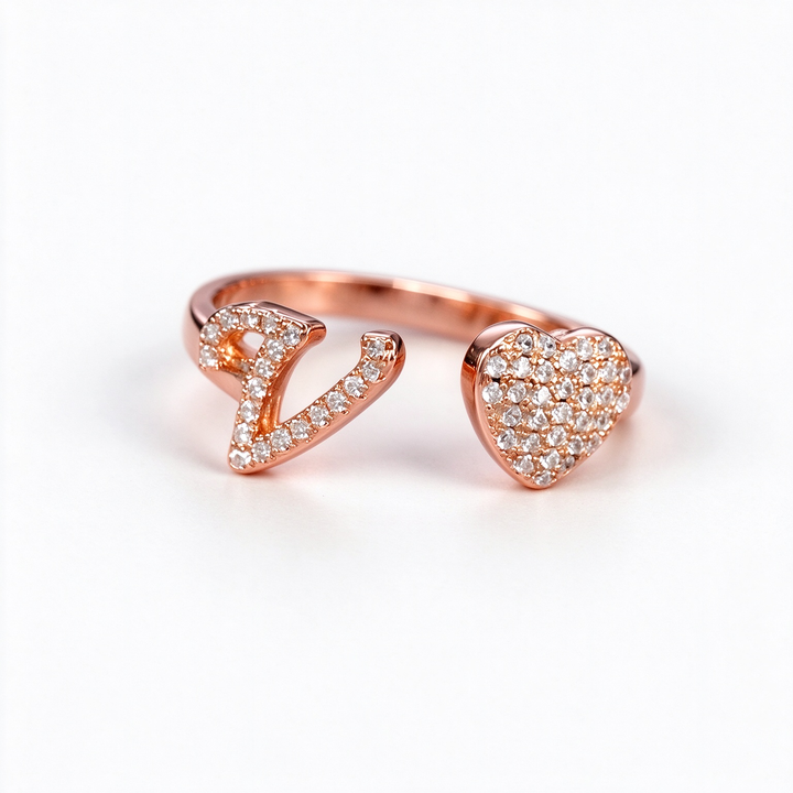 Initial Letter Heart Zircon Adjustable Open Ring