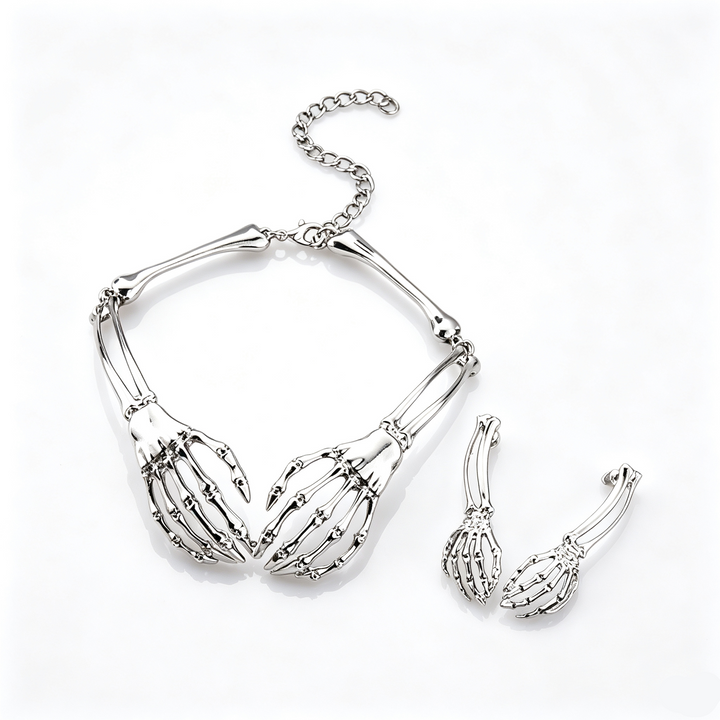 Halloween Dark Skeleton Hand Necklace Earrings Set
