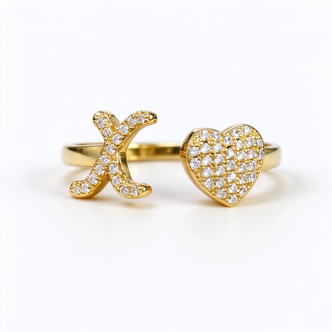 Initial Letter Heart Zircon Adjustable Open Ring