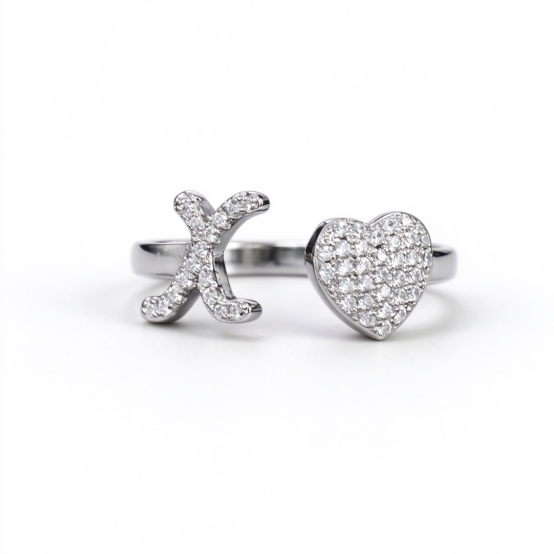 Initial Letter Heart Zircon Adjustable Open Ring