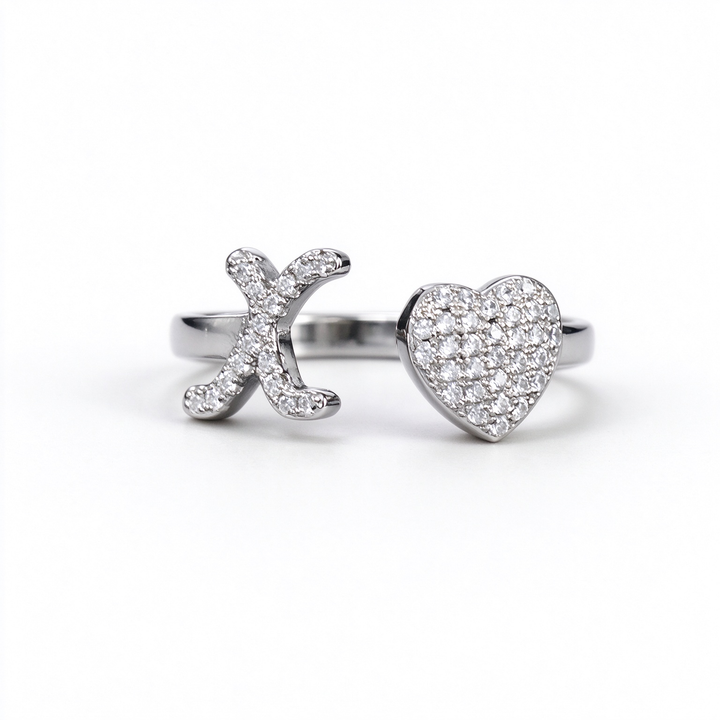 Initial Letter Heart Zircon Adjustable Open Ring
