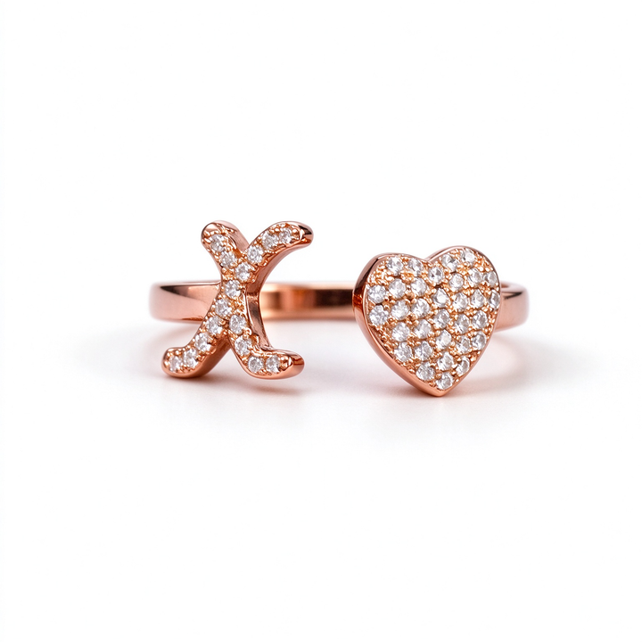 Initial Letter Heart Zircon Adjustable Open Ring