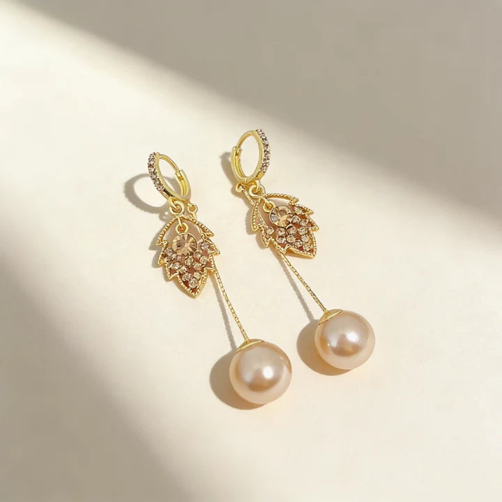 Pearl Drop Leaf Dangle Earrings