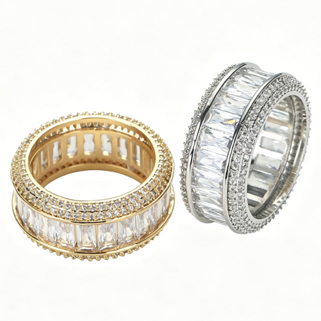 Baguette Zircon Full Paved Hip Hop Wide Band Ring