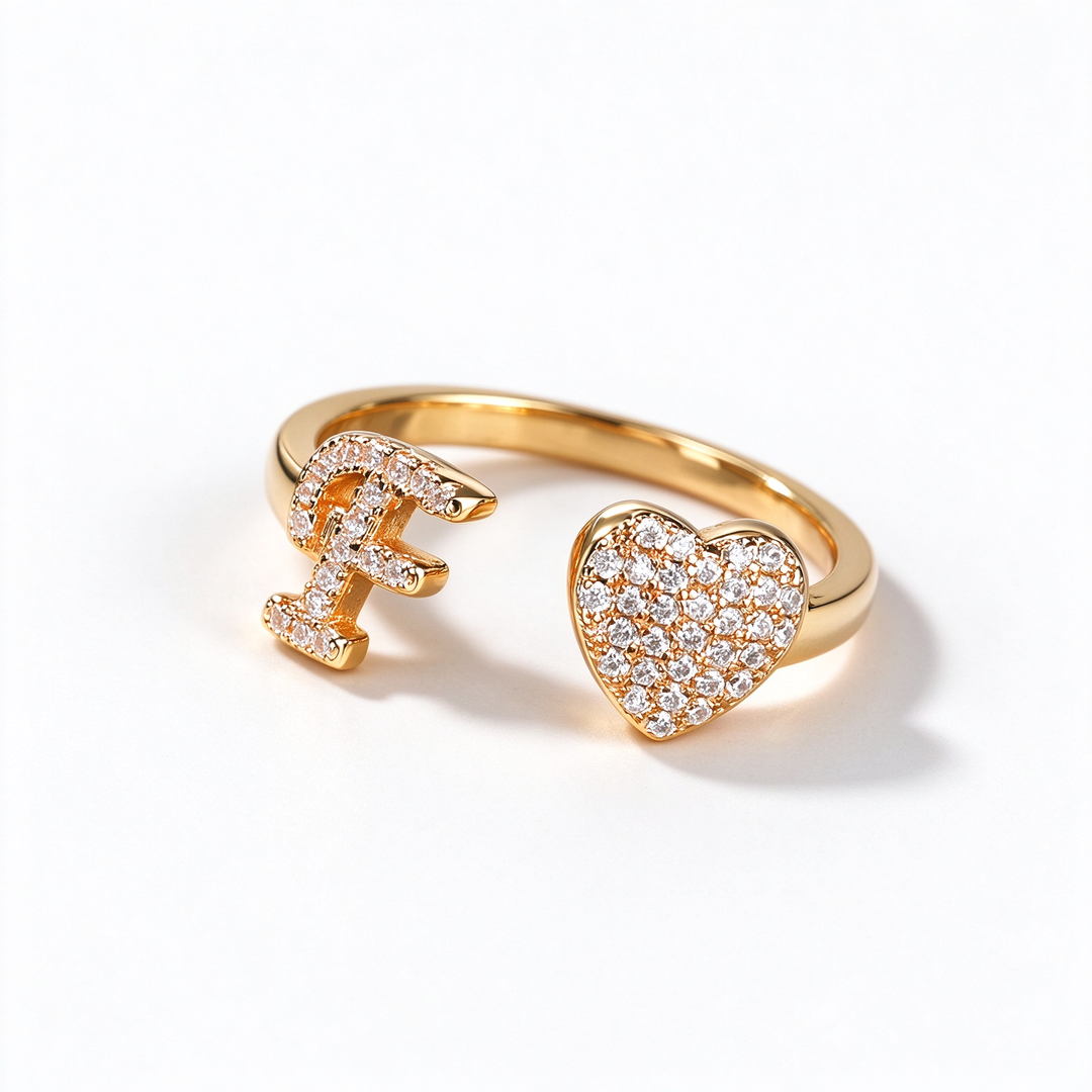 Initial Letter Heart Zircon Adjustable Open Ring