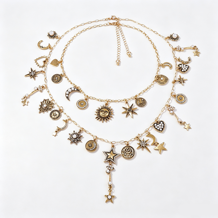 Sun Moon Star Pearl Pendant Necklace Set