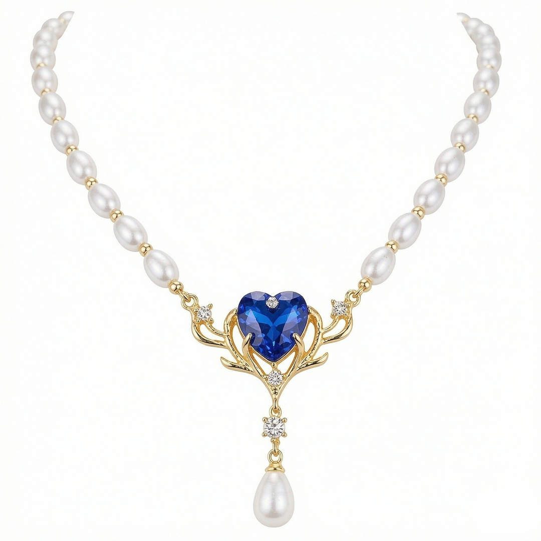 Blue Heart Pearl Pendant Choker Necklace
