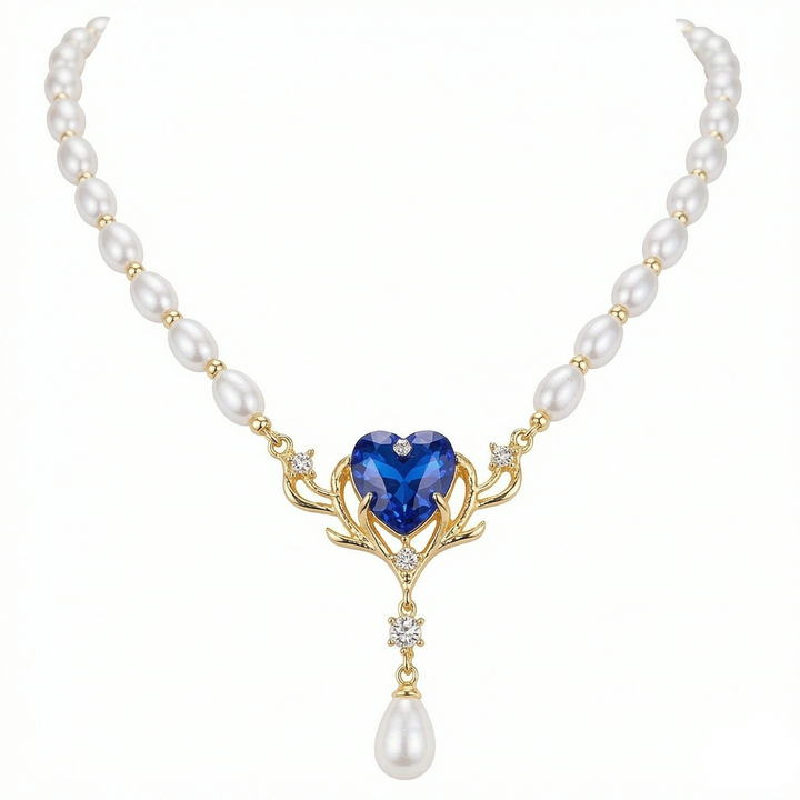 Blue Heart Pearl Pendant Choker Necklace