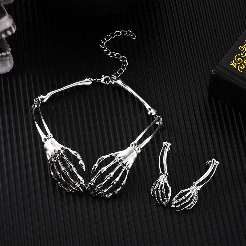 Halloween Dark Skeleton Hand Necklace Earrings Set